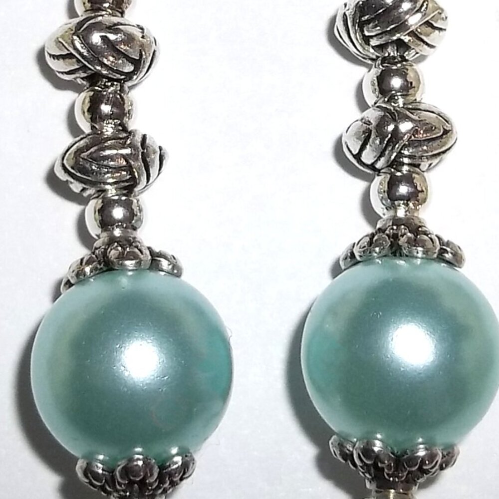 Silver and Blue Pearl Earrings Drop Dangle Woman Set Pair Jewelry Gift D379 - Picture 5 of 5
